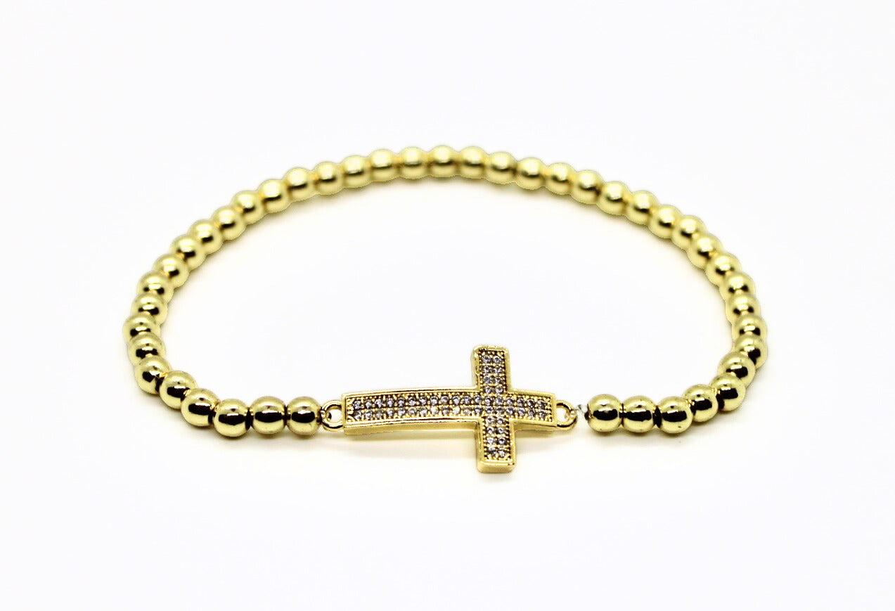 Large Cross Gold Beaded Bracelet