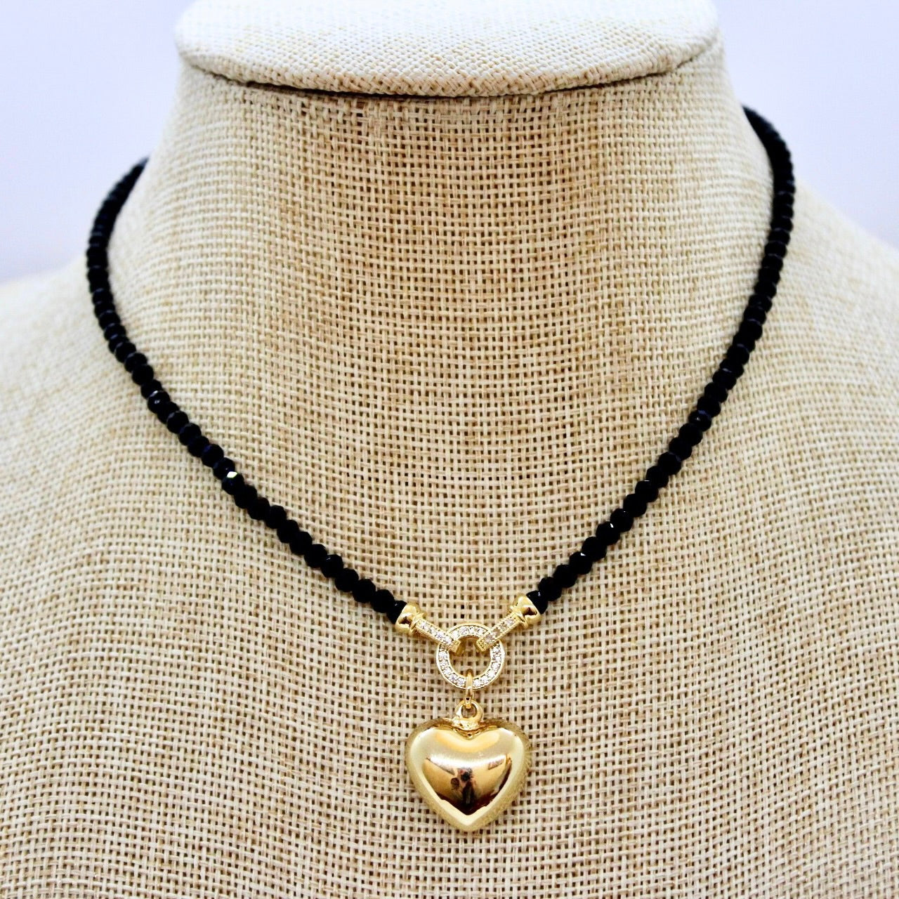 Beaded Black Heart Charm Necklace