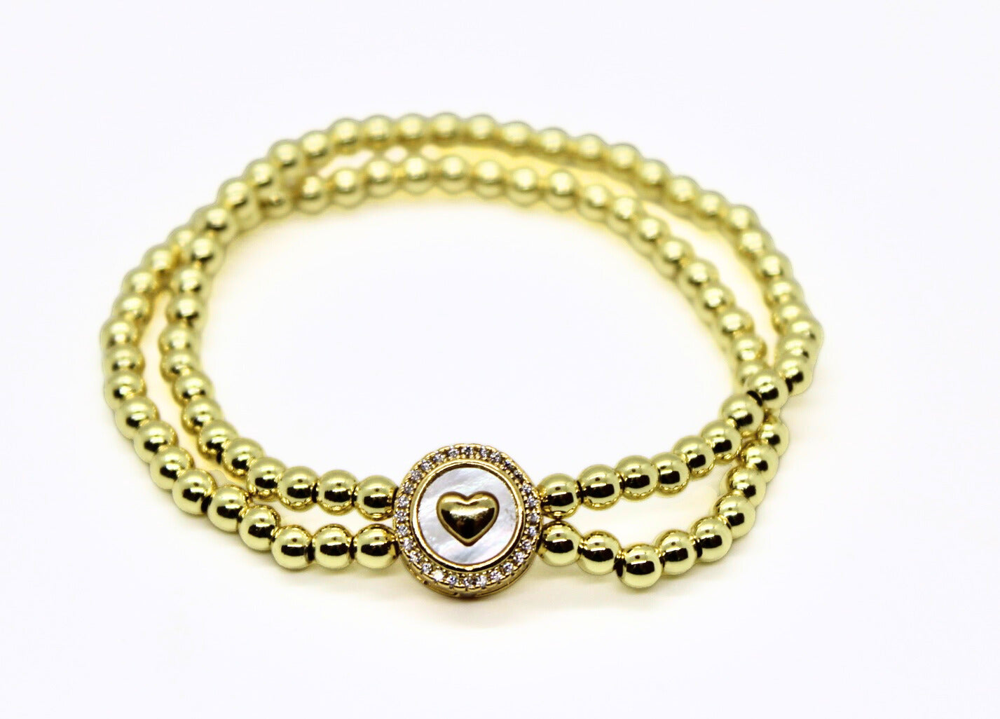 Double - White Heart Gold Beaded Bracelet